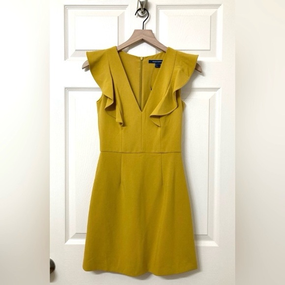 French Connection Whisper Ruffle Yellow V Neck Mini Dress 0 Party Dainty Fall - Picture 1 of 11